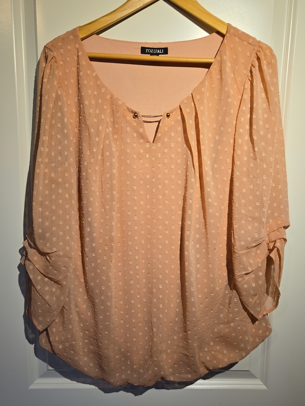 Roz & Ali Blush Dot Scoop-Neck Blouse with Chain Accent